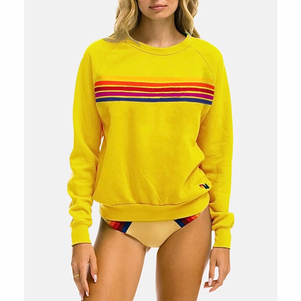 AVIATOR NATION 5 Stripe Lemon Yellow Sweatshirt Crew Neck